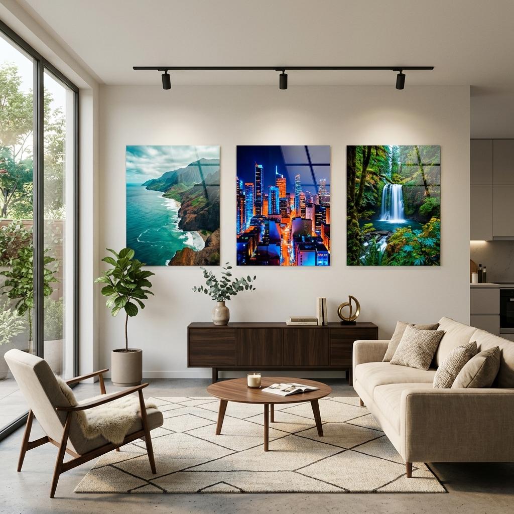 Elegant living room wall displaying large high-gloss acrylic prints